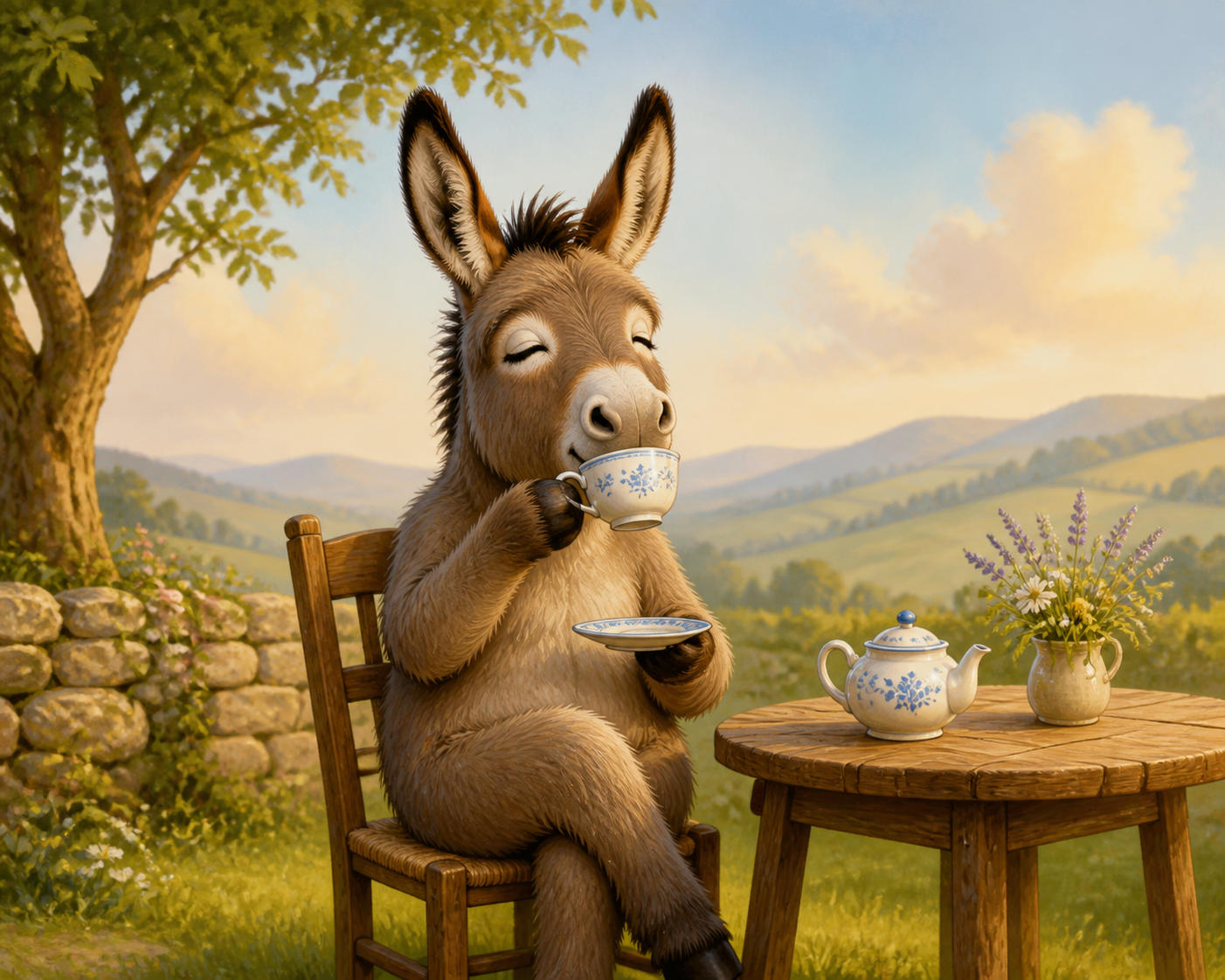 A friendly donkey enjoying a cup of tea